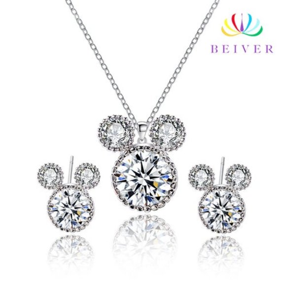 Mouse Jewelry Set 925 Sterling Silver Necklace Set Clear CZ Jewelry Set - Picture 1 of 3